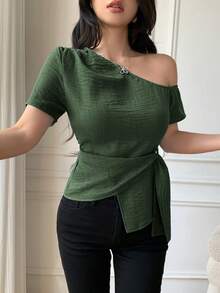 Celisse 优雅系结肩领设计休闲修身女式衬衫 - 綠色 - 查看 4
