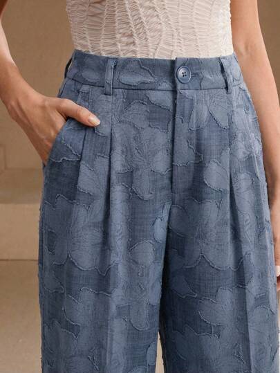 Anewsta Elegant Jacquard Denim Blue Wide Leg Pants, High Waist Slimming Draping Flowy Versatile Beach Trousers For Women