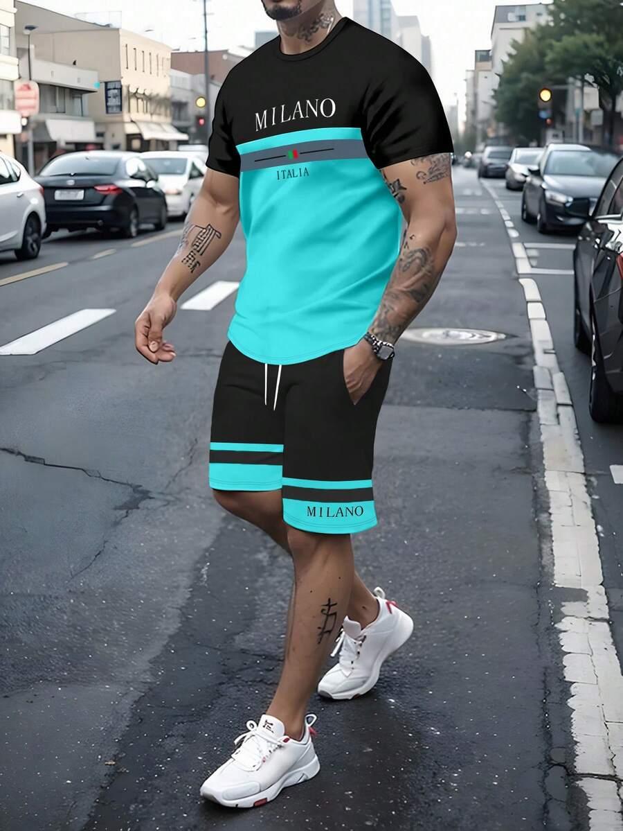 Manfinity Homme 男士休闲撞色短袖T恤短裤套装,夏季 - 彩色 - 查看 1