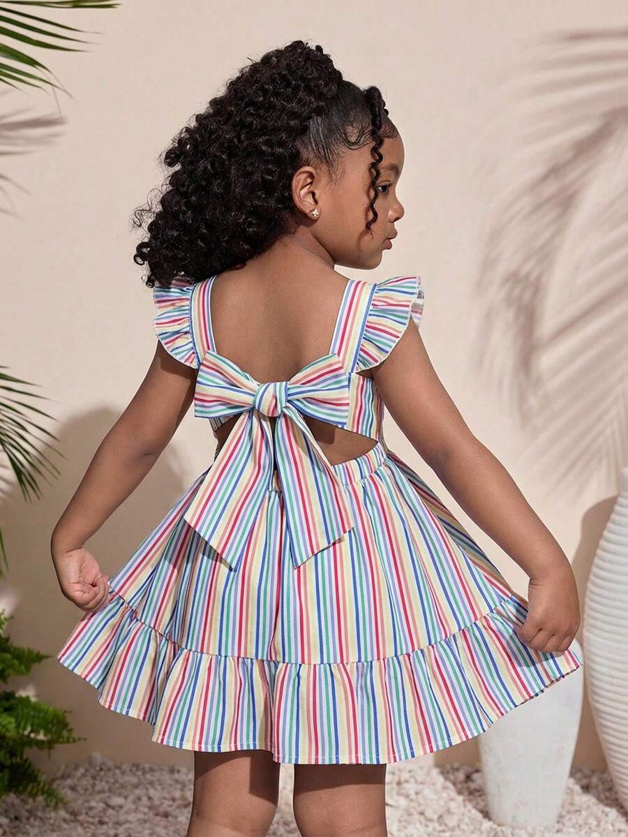 SHEIN Baby Girl Colorful Striped Bow Tie Flare Sleeve Casual Vacation Dress Open Back Baby Dress Baby Girl Dress Little Girls Dress Summer Rainbow Toddler Dress Striped Toddler Dress - Multicolor - View 1