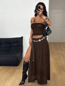 Coolane 女士时尚性感高开衩裙 - 咖啡棕 - 查看 4