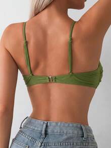 Swim Basics 女士纯色扭结前开襟比基尼上衣，适合海滩度假 - Limelight Green - 查看 2