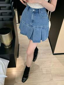 DAZY Women's Casual Pleated Denim Mini Skirt, Streetwear Style, Suitable For Summer And Spring - Blue - View 7