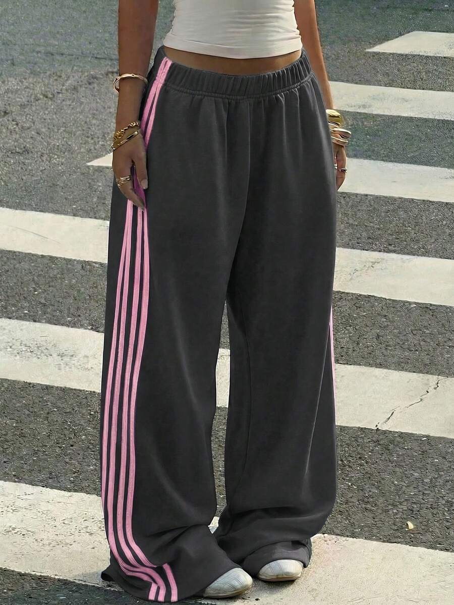 Muchica Dark Grey Knit Patchwork Pink Ribbon Loose Casual Women Sweatpants - Dark Grey - View 1