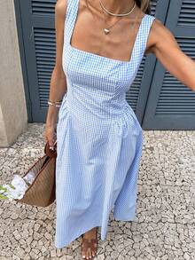SHEIN Frenchy 女士休闲格子无袖中长连衣裙，适合度假穿着 - 藍白色 - 查看 7