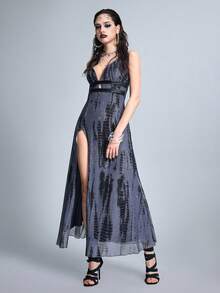 ROMWE Goth 深V领高开衩连衣裙，饰有深海气泡印花 - 彩色 - 查看 5