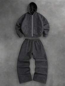 Manfinity Hypemode 男士休闲运动套装，纯色拉链连帽衫和运动裤，街头风，宽松，印花，情侣装，朋友装，我爱我的男朋友，街头风格，情侣装 - 灰色 - 查看 2