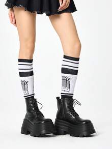 ROMWE Goth 2026秋冬新款女士高跟凉鞋，朋克风深色PU圆头内增高靴，厚底小靴，百搭松饼踝靴，薄靴 - 黑色 - 查看 2