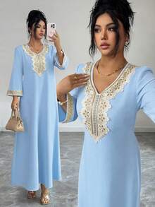 Elenzga Đầm dài tay xẻ tà thanh lịch dành cho nữ, phối nhiều dải ruy băng, thích hợp cho mùa xuân/hè. - Màu xanh nhạt - Xem 7