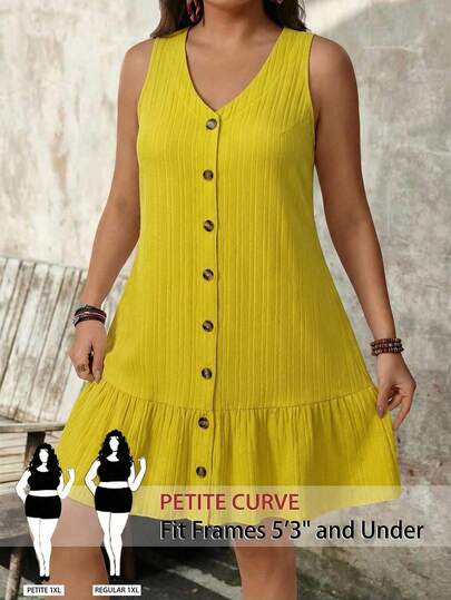SHEIN PETITE Plus Size Women Summer Casual Vacation Daily Commute Minimalist Solid Color Textured Fabric Single-Breasted Ruffle Hem Sleeveless Dress