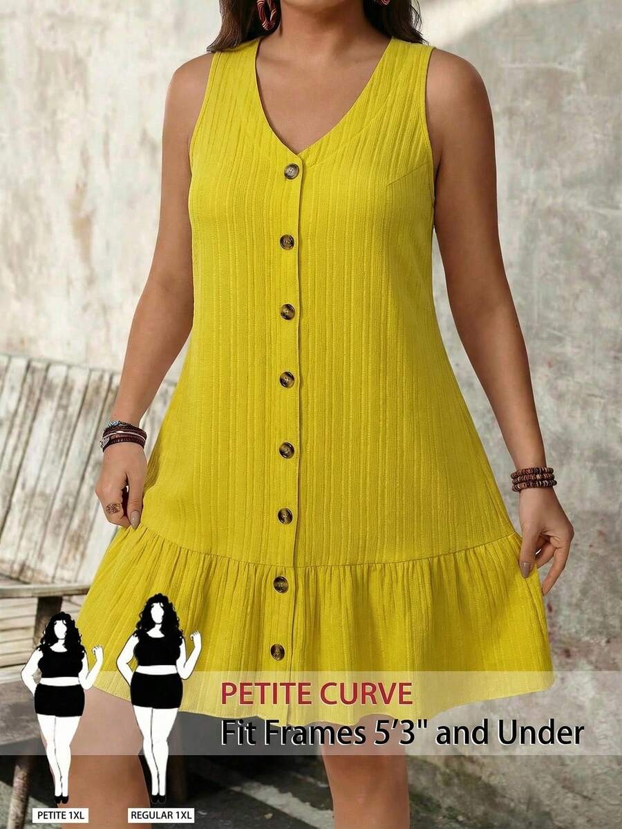 SHEIN PETITE 大码女式夏季休闲度假日常通勤简约纯色纹理面料单排扣荷叶边无袖连衣裙 - 黃色 - 查看 1
