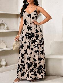 SHEIN Lady 女士印花口袋休闲吊带裙，适合度假 - 杏色 - 查看 3