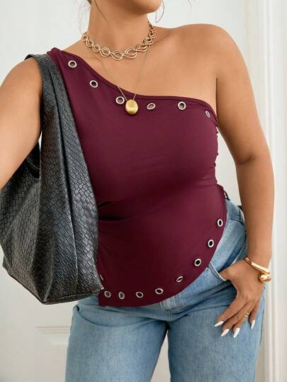 Lounesse Plus Size Women's Asymmetric Shoulder Fashion Loose Blouse, Burgundy
