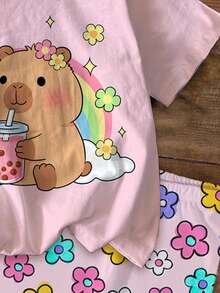 Bộ 2 món cho bé gái tuổi teen, kiểu dáng thường ngày, họa tiết hoạt hình Capybara dễ thương, hoa văn nhiều màu sắc, màu kem hồng, áo thun cổ tròn tay ngắn và quần legging bó sát, thích hợp mặc hàng ngày vào mùa xuân/hè, đi nghỉ mát, dã ngoại, phong cách Y2K, dễ thương, thoải mái cho trẻ em, thời trang thu đông cho trẻ em, phong cách mới mùa thu, thời trang hoa nở, bộ đồ hai mảnh cho bé gái, dễ chịu, dễ thương, thoải mái, phong cách mùa xuân và mùa hè ấm áp, mùa hè, đi nghỉ mát, nhuộm tie-dye, bộ màu hồng. - Nhiều màu - Xem 5