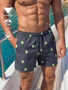 Manfinity Swimmode Men's Drawstring Waist Pockets Fruit Print Casual Beach Shorts Mens Avocado Swim Trunks Mens Swim Trunks - Black - View 2