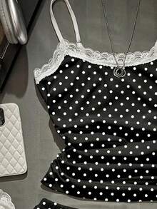 SHEIN EZwear 两件套女士蕾丝吊带背心和褶皱短裤，适合夏季穿着 - 彩色 - 查看 5