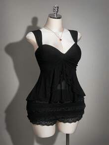 SHEIN ICON 大码女式纯色扭结前襟背心 - 黑色 - 查看 10