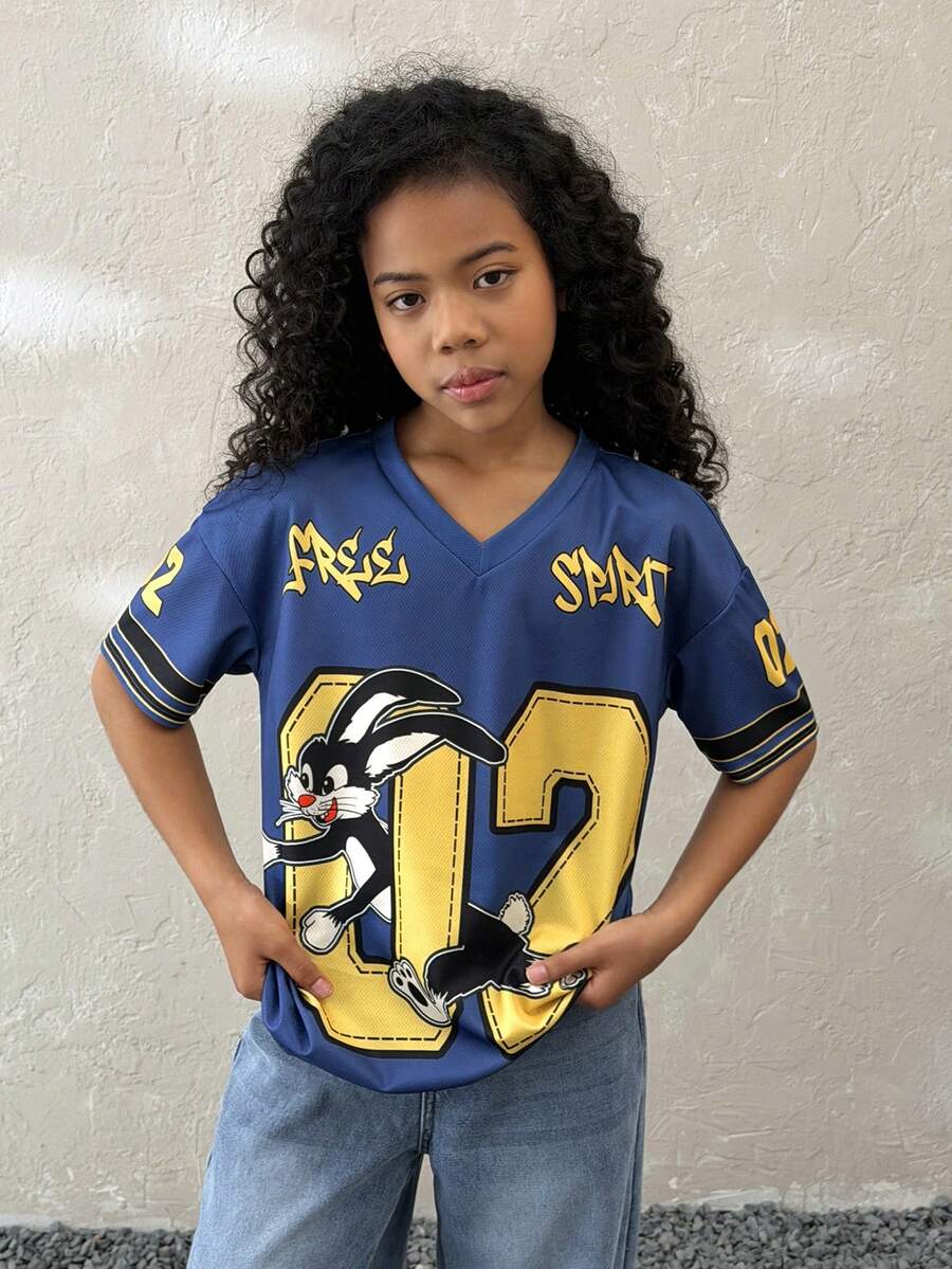 Coolane Kids 少女夏季V领短袖宽松休闲T恤，蓝色网眼印花Y2K短款图案T恤 - 藍色 - 查看 1