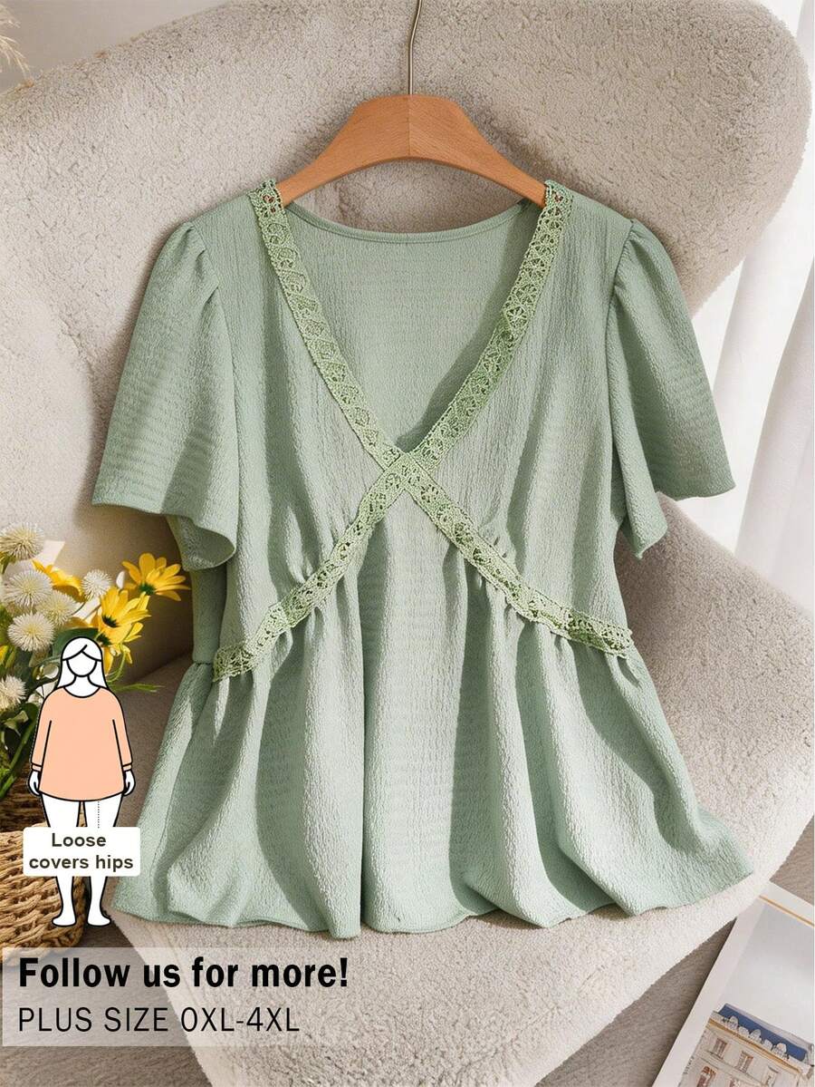 SHEIN Cosyjoi 大码女式休闲服装，大码女式束腰上衣，荷叶袖上衣，外套，春夏绿色女式T恤 - 薄荷綠 - 查看 1