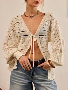 CasuGlow Spring Chic Lightweight Hollow-Out Knit Cardigan With V-Neck Tie Front, Slouchy Sleeves And Soft Breathable Texture For Effortless Feminine Layering - White - View 5