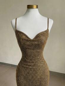 Franclia Women's Elegant Sexy Chic Gold Plaid Knit Camisole Bodycon Split Midi Dress, Tight Fitting Party Club Dress - Gold - View 3