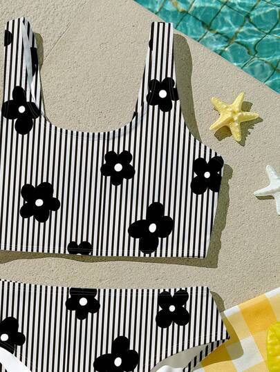 SHEIN Young Girl Striped Floral Print Tankini And Triangle Panty Swimsuit Set, Suitable For Summer Vacation