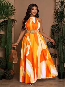 SOLERSUN Vestido holgado y casual con estampado para mujer talla grande, con cuello trasero con cordón, vestido de línea A para primavera y verano, vestido largo para vacaciones en la playa (con bolsillos laterales) - Naranja Quemada - Ver 6