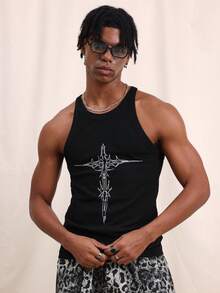 SUMWON Mens Black Ribbed Tank Top With Ornate Cross Graphic Print Sleeveless Crew Neck Regular Fit Summer Casual Tee - Black - View 4