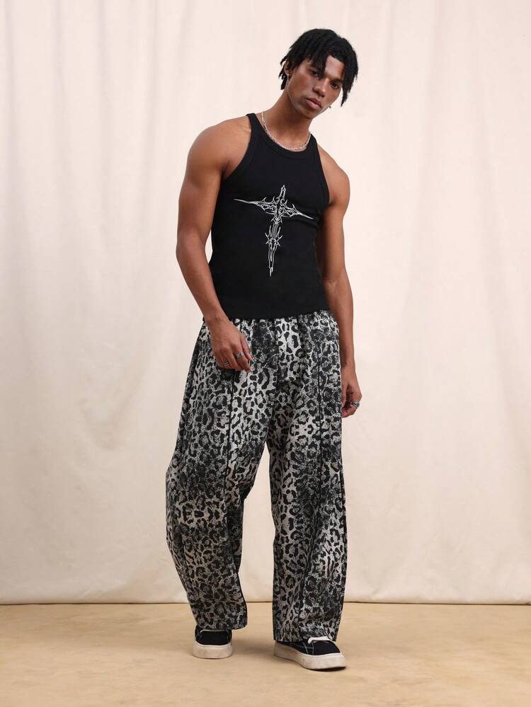 SUMWON Pantalon décontracté à imprimé léopard, coupe ajustée, jambes larges, taille à cordon de serrage, motif animal, mode détente et streetwear, pour hommes