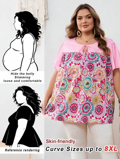 SHEIN CURVE+ Curve 尺码 US22 音乐节、海滨度假、波西米亚风女式印花系领荷叶边袖衬衫