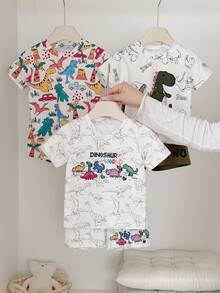 Conjunto de 6 peças para meninos pequenos, novo modelo de verão: camiseta de manga curta com gola redonda e estampa de dinossauro. Casual, versátil, fofo e multicolorido. - Multicolorido - Ver 5