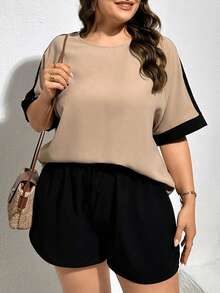Enliva Plus Size Women's Summer Casual Resort Shorts And Shirt Set, Summer Two Pieces Set, Style Summer Two Pieces Set, Shorts Set,Mother Day Outfit,Women Two Pieces Sets, Summer Clothes,Work Set,Outfit Sets, For Apple And Rounded Body Shape - Khaki - View 4