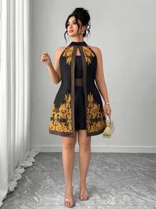 Mono de verano de talla grande para mujer con estampado de batik negro y dorado.Diseño estilizador y retro con cuello halter.Adecuado para: atuendos de viaje con temática del sudeste asiático, fiestas/reuniones, vacaciones y ocio, actuaciones culturales/shows, restaurantes especializados/puestos de costumbres populares - Multicolor - Ver 4