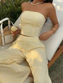 SHEIN SunnyBelle 女士黄色条纹抹胸上衣和高腰紧身裤套装，时尚百搭街头风度假装，春夏款 - 黃色 - 查看 6