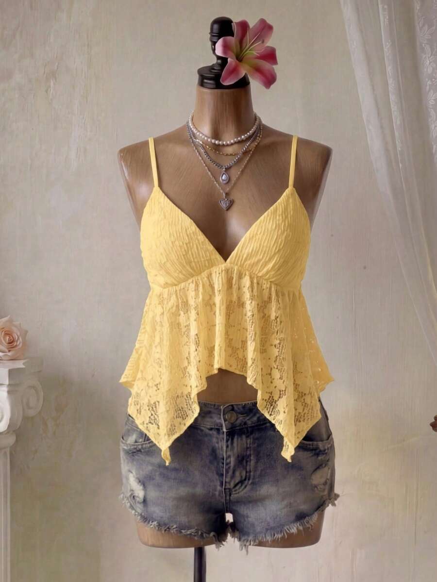 Femesol 女式不对称下摆白色蕾丝吊带背心，夏季 - 黃色 - 查看 1