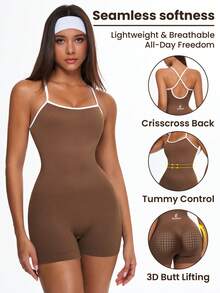 Eassivo Women's Seamless High Elasticity Aerobic Yoga Fitness Criss-Cross U-Back Jumpsuit - Coffee Brown - View 3
