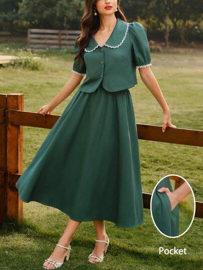 Vintamour 复古经典优雅花卉印花两件套女装，春夏款，翻领，蕾丝拼接，绿色短袖