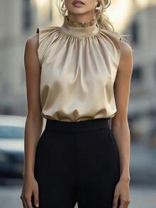 Balvessa 黑色立领荷叶边下摆无袖优雅女式衬衫 - 杏色 - 查看 3