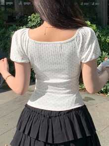 DAZY Women's Polka Dot Twist Fitted Casual Daily Short Sleeve T-Shirt - White - View 6