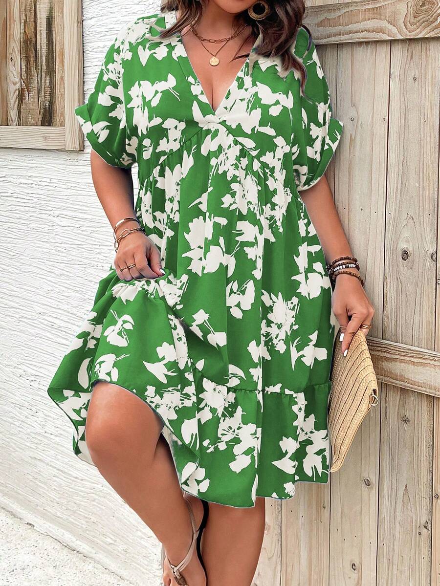 Breezaya 大码女式V领褶皱印花休闲连衣裙，适合派对和外出，女士夏季连衣裙，沙滩装扮 - 綠色 - 查看 1