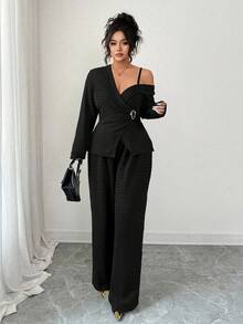 Elenzga 大码女式法式休闲优雅长袖上衣和裤子两件套，秋冬款 - 黑色 - 查看 6