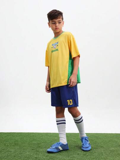 SUMWON 巴西男童足球胸前印花圆领短袖T恤和10号短裤夏季休闲套装，世界杯
