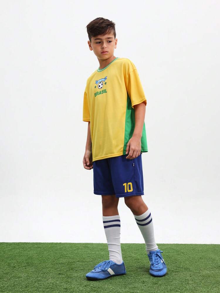 Jungen Brasilien Fußball Brust Muster Rundhals Kurzarm T-Shirt und Nummer 10 Shorts Sommer Casual Koordiniertes Set, Weltmeisterschaft