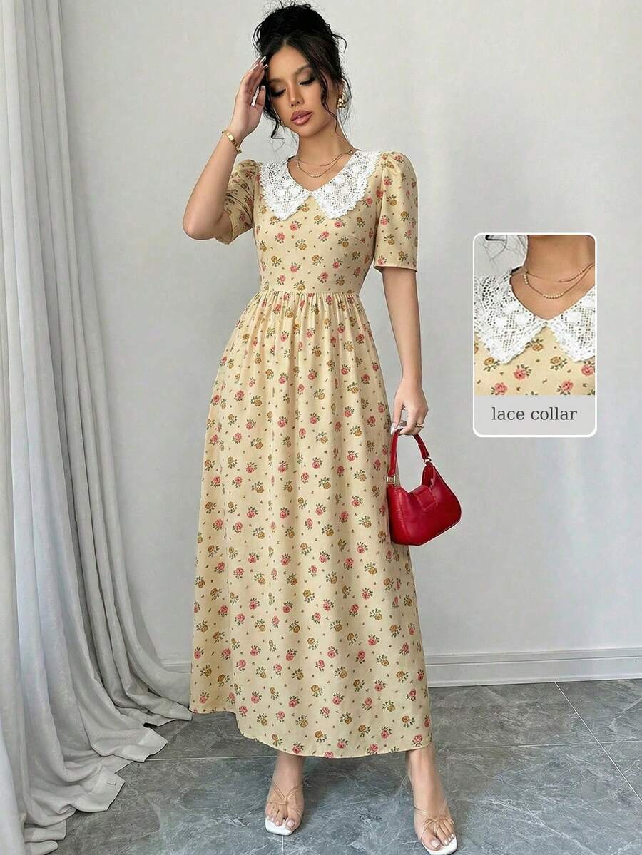 Modelyn 女士彼得潘领印花荷叶边优雅收腰长款派对连衣裙 - 黃色 - 查看 1