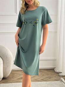 EURMUSE Women Contrast Colour Cute Animal Prints Basic Homewear Sleepdress - Green - View 3