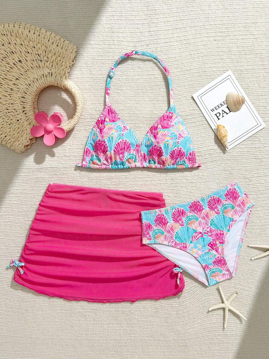 SHEIN 3件套针织彩色贝壳海洋风女童比基尼套装，时尚设计，可爱又保守，适合海滩、游泳、度假和夏季穿着。 - 玫紅色 - 查看 1