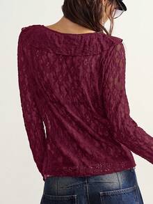 Bohemela Blus Lengan Panjang Rajut Renda Warna Polos Kasual Gaya Boho untuk Wanita, Atasan Musim Panas - Burgundy - View 6
