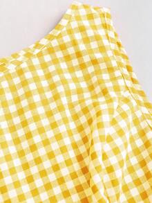 Sweetra 复古格子圆领设计学院风性感少女无袖衬衫，夏季新款系带修身精致甜美女式衬衫 - 黃色 - 查看 6