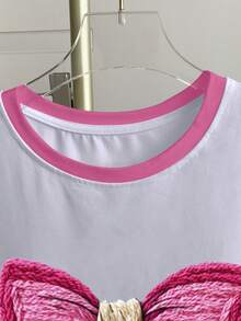 Resyla 大码女式拼接蝴蝶结印花圆领短袖休闲T恤 - 白色 - 查看 3