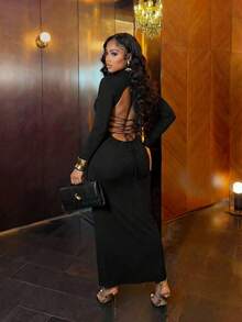 Slaydiva 2025新款优雅性感V领露背长袖连衣裙，适合派对、生日、酒吧、夜店、情人节、万圣节、圣诞节等场合 - 黑色 - 黑色 - 查看 6